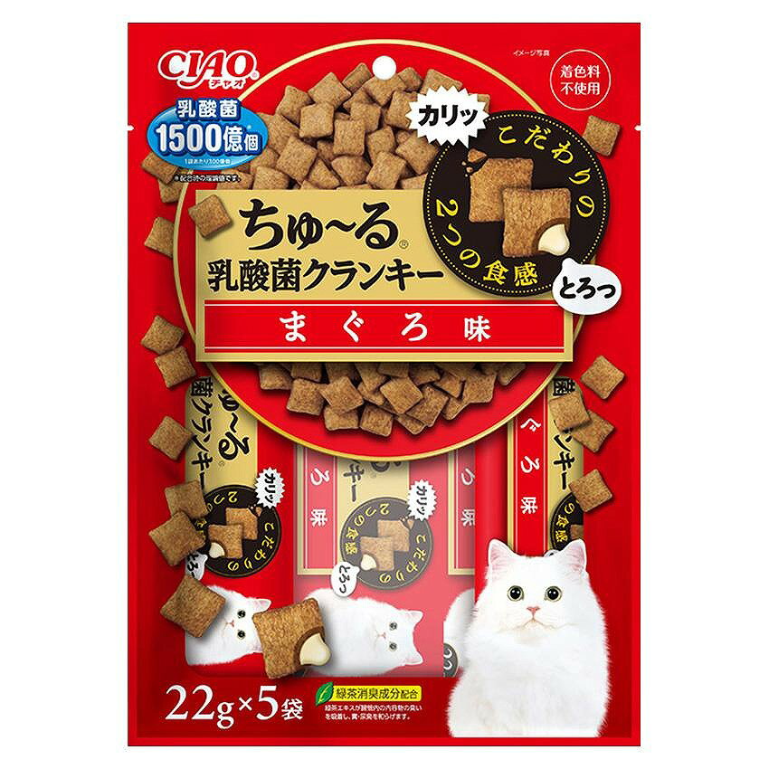 商品説明 外はカリッ、中はとろっと2つの食感が楽しめるおやつ。乳酸菌1500億個(1袋あたり300億個)配合。 品質表示 原材料 穀類（米粉、米、とうもろこし）、肉類（家禽ミール、ポークパウダー、家禽パウダー、チキンパウダー）、牛脂、魚介類（まぐろエキス、まぐろ節パウダー、フィッシュパウダー）、タンパク加水分解物、植物性油脂、殺菌乳酸菌、糖類（オリゴ糖等）、ミネラル類（Na、P、Cl）、pH調整剤、ビタミン類（B1、E）、酸化防止剤（アスコルビン酸、クエン酸、ローズマリー抽出物）、緑茶エキス、調味料（アミノ酸） 形状 ドライフード 保証成分値 たんぱく質21.0％以上、脂質25.0％以上、粗繊維3.0％以下、灰分9.0％以下、水分10.0％以下、代謝エネルギー：約100kcal／袋、マグネシウム0.06％（標準分析値） 内容量 22g×5袋 ※商品の改訂等により、パッケージデザイン・内容等は予告なく変更される場合がございます。 ※商品は自社店舗販売と在庫を共有しているため、在庫更新のタイミングにより、在庫切れの場合やむをえずキャンセルさせていただく可能性があります。商品説明 外はカリッ、中はとろっと2つの食感が楽しめるおやつ。乳酸菌1500億個(1袋あたり300億個)配合。 品質表示 原材料 穀類（米粉、米、とうもろこし）、肉類（家禽ミール、ポークパウダー、家禽パウダー、チキンパウダー）、牛脂、魚介類（まぐろエキス、まぐろ節パウダー、フィッシュパウダー）、タンパク加水分解物、植物性油脂、殺菌乳酸菌、糖類（オリゴ糖等）、ミネラル類（Na、P、Cl）、pH調整剤、ビタミン類（B1、E）、酸化防止剤（アスコルビン酸、クエン酸、ローズマリー抽出物）、緑茶エキス、調味料（アミノ酸） 形状 ドライフード 保証成分値 たんぱく質21.0％以上、脂質25.0％以上、粗繊維3.0％以下、灰分9.0％以下、水分10.0％以下、代謝エネルギー：約100kcal／袋、マグネシウム0.06％（標準分析値） 内容量 22g×5袋 ※商品の改訂等により、パッケージデザイン・内容等は予告なく変更される場合がございます。 ※商品は自社店舗販売と在庫を共有しているため、在庫更新のタイミングにより、在庫切れの場合やむをえずキャンセルさせていただく可能性があります。