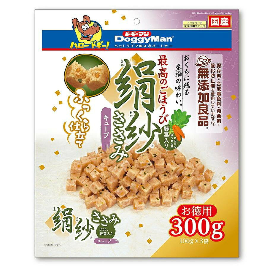 対象：全犬種 / 生後2ヵ月以上 原材料：肉類（鶏ササミ、鶏胸肉、鶏肉）、小麦粉、糖類、タピオカでん粉、植物油脂、野菜類（ほうれん草、にんじん）、コラーゲンペプチド、魚軟骨抽出物（コンドロイチン含有）、グリセリン、トレハロース、ソルビトール、膨張剤、ミネラル類（ナトリウム）、ポリリン酸ナトリウム、着色料（クチナシ、マリーゴールド、クロレラ）、グルコサミン 原産国：日本 与え方：・目安給与量を参考に1日1〜数回に分け、おやつとして与えてください。・給与量は犬によって個体差が生じます。食べ残しや便の様子、健康状態をみて調節してください。・2カ月未満の幼犬には与えないでください。・犬の習性や性格、食べ方によっては、のどに詰まらせたりする恐れがありますので、適切な大きさにして与えてください。・おいしさを保つために内袋には脱酸素剤が入っています。無害ですが食品ではありません。開封後は効果がなくなりますので捨ててください。 成分/粗たん白質:11%以上、粗脂肪:5.5%以上、粗繊維:1%以下、粗灰分:5%以下、水分:35%以下、エネルギー:320kcal/100g 1日の目安給与量/幼犬（生後2カ月以降）-、超小型成犬（5kg以下）:-、幼犬・超小型成犬（5kg以下）:〜20個、小型成犬（5〜11kg）:20〜40個、中型成犬（11〜23kg）:40〜80個、大型成犬（23〜40kg）:80〜120個 注意事項：ご使用前に必ず商品パッケージ等への記載事項（取扱説明書、使用方法、与え方、注意など）をよくお読みいただき、正しい使用方法でご使用ください。 ・ペットフードとしての用途をお守りください。・幼児や子供、ペットの触れない場所で保存してください。・記載表示を参考に、ペットが食べ過ぎないようにしてください。・子供がペットに与えるときは、安全のため大人が立ち会ってください。・ペットが興奮したりし ないよう、落ち着いた環境で与えてください。・ペットの体調が悪くなったときには、獣医師に相談してください。 ※仕様については、予告なく変更する場合があります。ご使用前にお手元の商品パッケージ、説明書等への記載事項を確認願います。 ・お買い上げ後は直射日光・高温多湿の場所を避けて保存してください。開封後は冷蔵し、賞味期限に関わらず早めに与えてください。 【開封後要冷蔵】 100g×3袋、「絹のくちどけ、おくちに残る至福の味わい、最高のごほうび。」絹紗のお得なセット。 旨みと香り豊かな鶏ささみを主原料に、絹のように滑らかに練り上げ、まるでケーキのようにふっくらふんわり仕上げた最高のごほうび。 あごの力が弱い小型犬・高齢犬にもやさしい食感。一口サイズのキューブタイプ。 毎日のおやつからも健康維持を。グルコサミン・コンドロイチン・コラーゲン配合。野菜(にんじん・ほうれん草)入り。 保存料、合成着色料、発色剤、酸化防止剤を使用しない、安心の無添加良品品質。 ※商品の改訂等により、パッケージデザイン・内容等は予告なく変更される場合がございます。 ※商品は自社店舗販売と在庫を共有しているため、在庫更新のタイミングにより、在庫切れの場合やむをえずキャンセルさせていただく可能性があります。対象：全犬種 / 生後2ヵ月以上 原材料：肉類（鶏ササミ、鶏胸肉、鶏肉）、小麦粉、糖類、タピオカでん粉、植物油脂、野菜類（ほうれん草、にんじん）、コラーゲンペプチド、魚軟骨抽出物（コンドロイチン含有）、グリセリン、トレハロース、ソルビトール、膨張剤、ミネラル類（ナトリウム）、ポリリン酸ナトリウム、着色料（クチナシ、マリーゴールド、クロレラ）、グルコサミン 原産国：日本 与え方：・目安給与量を参考に1日1〜数回に分け、おやつとして与えてください。・給与量は犬によって個体差が生じます。食べ残しや便の様子、健康状態をみて調節してください。・2カ月未満の幼犬には与えないでください。・犬の習性や性格、食べ方によっては、のどに詰まらせたりする恐れがありますので、適切な大きさにして与えてください。・おいしさを保つために内袋には脱酸素剤が入っています。無害ですが食品ではありません。開封後は効果がなくなりますので捨ててください。 成分/粗たん白質:11%以上、粗脂肪:5.5%以上、粗繊維:1%以下、粗灰分:5%以下、水分:35%以下、エネルギー:320kcal/100g 1日の目安給与量/幼犬（生後2カ月以降）-、超小型成犬（5kg以下）:-、幼犬・超小型成犬（5kg以下）:〜20個、小型成犬（5〜11kg）:20〜40個、中型成犬（11〜23kg）:40〜80個、大型成犬（23〜40kg）:80〜120個 注意事項：ご使用前に必ず商品パッケージ等への記載事項（取扱説明書、使用方法、与え方、注意など）をよくお読みいただき、正しい使用方法でご使用ください。 ・ペットフードとしての用途をお守りください。・幼児や子供、ペットの触れない場所で保存してください。・記載表示を参考に、ペットが食べ過ぎないようにしてください。・子供がペットに与えるときは、安全のため大人が立ち会ってください。・ペットが興奮したりし ないよう、落ち着いた環境で与えてください。・ペットの体調が悪くなったときには、獣医師に相談してください。 ※仕様については、予告なく変更する場合があります。ご使用前にお手元の商品パッケージ、説明書等への記載事項を確認願います。 ・お買い上げ後は直射日光・高温多湿の場所を避けて保存してください。開封後は冷蔵し、賞味期限に関わらず早めに与えてください。 【開封後要冷蔵】 100g×3袋、「絹のくちどけ、おくちに残る至福の味わい、最高のごほうび。」絹紗のお得なセット。 旨みと香り豊かな鶏ささみを主原料に、絹のように滑らかに練り上げ、まるでケーキのようにふっくらふんわり仕上げた最高のごほうび。 あごの力が弱い小型犬・高齢犬にもやさしい食感。一口サイズのキューブタイプ。 毎日のおやつからも健康維持を。グルコサミン・コンドロイチン・コラーゲン配合。野菜(にんじん・ほうれん草)入り。 保存料、合成着色料、発色剤、酸化防止剤を使用しない、安心の無添加良品品質。 ※商品の改訂等により、パッケージデザイン・内容等は予告なく変更される場合がございます。 ※商品は自社店舗販売と在庫を共有しているため、在庫更新のタイミングにより、在庫切れの場合やむをえずキャンセルさせていただく可能性があります。