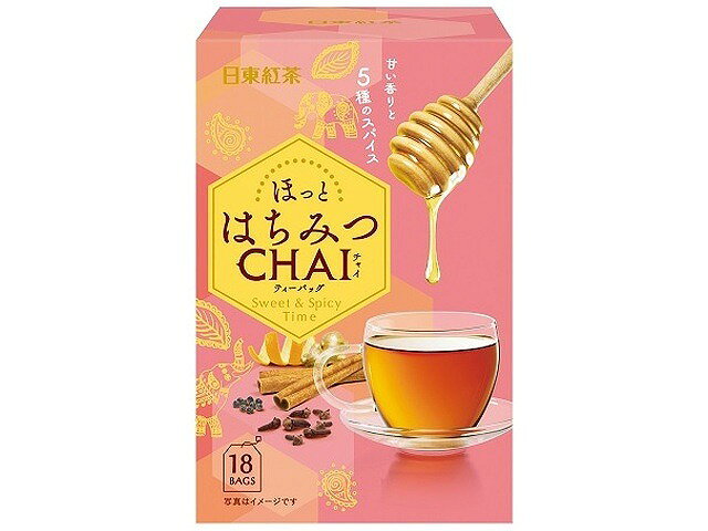 5種のスパイスを使用 はちみつの甘みと5種のスパイスの香りが楽しめるティーバッグ 個包装ティーバッグ 加糖タイプ 栄養成分表示 たんぱく質0.3g 脂質0.06g 炭水化物1.2g 食塩相当量0.002g カフェイン0.04g 原材料　※お手元に届いた商品を必ずご確認ください 紅茶(インドネシア)、砂糖、粉末シナモン、粉末しょうが、粉末クローブ、粉末陳皮、粉末ブラックペッパー、粉末はちみつ、コーンスターチ／添加物：香料、加エデンプン、甘味料(アスパルテーム・Lーフェニルアラニン化合物、アセスルファムK、スクラロース) ※商品の改定等により、パッケージデザイン・内容等は予告なく変更される場合がございます。 ※商品は自社店舗販売と在庫を共有しているため、在庫更新のタイミングにより、在庫切れの場合やむえずキャンセルさせていただく可能性があります。5種のスパイスを使用 はちみつの甘みと5種のスパイスの香りが楽しめるティーバッグ 個包装ティーバッグ 加糖タイプ 栄養成分表示 たんぱく質0.3g 脂質0.06g 炭水化物1.2g 食塩相当量0.002g カフェイン0.04g 原材料　※お手元に届いた商品を必ずご確認ください 紅茶(インドネシア)、砂糖、粉末シナモン、粉末しょうが、粉末クローブ、粉末陳皮、粉末ブラックペッパー、粉末はちみつ、コーンスターチ／添加物：香料、加エデンプン、甘味料(アスパルテーム・Lーフェニルアラニン化合物、アセスルファムK、スクラロース) ※商品の改定等により、パッケージデザイン・内容等は予告なく変更される場合がございます。 ※商品は自社店舗販売と在庫を共有しているため、在庫更新のタイミングにより、在庫切れの場合やむえずキャンセルさせていただく可能性があります。