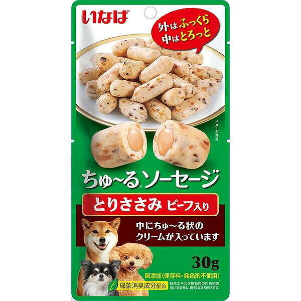 原材料：鶏肉(ささみ）、鶏脂、ビーフ、卵白粉末、でん粉、かつお節、チキンエキス、酵母エキス、寒天、カゼインナトリウム、増粘多糖類、ビタミンE、緑茶エキス、紅麹色素 形状：ドライパック 保証成分値：たんぱく質20.0%以上、脂質3.5%以上、粗繊維0.3%以下、灰分2.0%以下、水分72.0%以下、エネルギー約40kcal/袋 内容量：30g 原産国：中国（自社工場） 中にちゅ〜るが入った、ささみを使用したやわらかいソーセージ型のおやつ。 外はふっくら、中はトロッと2つの食感が楽しめます。 ※商品の改訂等により、パッケージデザイン・内容等は予告なく変更される場合がございます。 ※商品は自社店舗販売と在庫を共有しているため、在庫更新のタイミングにより、在庫切れの場合やむをえずキャンセルさせていただく可能性があります。原材料：鶏肉(ささみ）、鶏脂、ビーフ、卵白粉末、でん粉、かつお節、チキンエキス、酵母エキス、寒天、カゼインナトリウム、増粘多糖類、ビタミンE、緑茶エキス、紅麹色素 形状：ドライパック 保証成分値：たんぱく質20.0%以上、脂質3.5%以上、粗繊維0.3%以下、灰分2.0%以下、水分72.0%以下、エネルギー約40kcal/袋 内容量：30g 原産国：中国（自社工場） 中にちゅ〜るが入った、ささみを使用したやわらかいソーセージ型のおやつ。 外はふっくら、中はトロッと2つの食感が楽しめます。 ※商品の改訂等により、パッケージデザイン・内容等は予告なく変更される場合がございます。 ※商品は自社店舗販売と在庫を共有しているため、在庫更新のタイミングにより、在庫切れの場合やむをえずキャンセルさせていただく可能性があります。