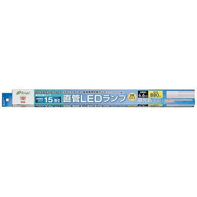●仕様 寸法：全長…436mm 外径…28mm 質量：140g 定格消費電力：6.6W 定格入力電流：0.12A 全光束：880lm 平均演色評価数：Ra80 定格寿命：40000h ※屋内、屋外（防雨型器具と雨水がかからない場所のみ）兼用 ※交流電流 100V 50/60Hz ●注意事項※次のような器具には使用できません 調光機能のついた器具（100%点灯でも使用不可） 誘導灯・非常用照明器具 直流電源 ダミースターター（E形）付属のグロースターター器具専用交換ランプです。 直管蛍光ランプ15W形相当の明るさ。 昼光色。 口金：G13 2017年ジェネリック家電製品大賞「生活家電」部門 大賞受賞モデル。 ※商品の改訂等により、パッケージデザイン・内容等は予告なく変更される場合がございます。 ※商品は自社店舗販売と在庫を共有しているため、在庫更新のタイミングにより、在庫切れの場合やむをえずキャンセルさせていただく可能性があります。●仕様 寸法：全長…436mm 外径…28mm 質量：140g 定格消費電力：6.6W 定格入力電流：0.12A 全光束：880lm 平均演色評価数：Ra80 定格寿命：40000h ※屋内、屋外（防雨型器具と雨水がかからない場所のみ）兼用 ※交流電流 100V 50/60Hz ●注意事項※次のような器具には使用できません 調光機能のついた器具（100%点灯でも使用不可） 誘導灯・非常用照明器具 直流電源 ダミースターター（E形）付属のグロースターター器具専用交換ランプです。 直管蛍光ランプ15W形相当の明るさ。 昼光色。 口金：G13 2017年ジェネリック家電製品大賞「生活家電」部門 大賞受賞モデル。 ※商品の改訂等により、パッケージデザイン・内容等は予告なく変更される場合がございます。 ※商品は自社店舗販売と在庫を共有しているため、在庫更新のタイミングにより、在庫切れの場合やむをえずキャンセルさせていただく可能性があります。