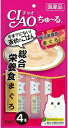 [商品説明] 今までにない液状おやつ。ちゅ〜っと出して、なめるだけで簡単に栄養補給。食べきりやすい14gx4本。総合栄養食。 [商品仕様] ○原材料：まぐろ、鶏脂、まぐろエキス、タンパク加水分解物、糖類（オリゴ糖等）、植物性油脂、増粘剤（加工でん粉）、ミネラル類（Ca、Cu、Mn、Zn、I、Fe、Na、P、Cl、K）、増粘多糖類、ビタミン類（A、E、B1、B2、B6、K、コリン、ビオチン、葉酸）、調味料（アミノ酸等）、タウリン、紅麹色素、緑茶エキス ○猫用総合栄養食（ウェットフード） ○原産国：日本 ○カロリー：約13kcal/1本※商品は自社店舗販売と在庫を共有しているため、在庫更新のタイミングにより、在庫切れの場合やむをえずキャンセルさせていただく可能性があります。[商品説明] 今までにない液状おやつ。ちゅ〜っと出して、なめるだけで簡単に栄養補給。食べきりやすい14gx4本。総合栄養食。 [商品仕様] ○原材料：まぐろ、鶏脂、まぐろエキス、タンパク加水分解物、糖類（オリゴ糖等）、植物性油脂、増粘剤（加工でん粉）、ミネラル類（Ca、Cu、Mn、Zn、I、Fe、Na、P、Cl、K）、増粘多糖類、ビタミン類（A、E、B1、B2、B6、K、コリン、ビオチン、葉酸）、調味料（アミノ酸等）、タウリン、紅麹色素、緑茶エキス ○猫用総合栄養食（ウェットフード） ○原産国：日本 ○カロリー：約13kcal/1本