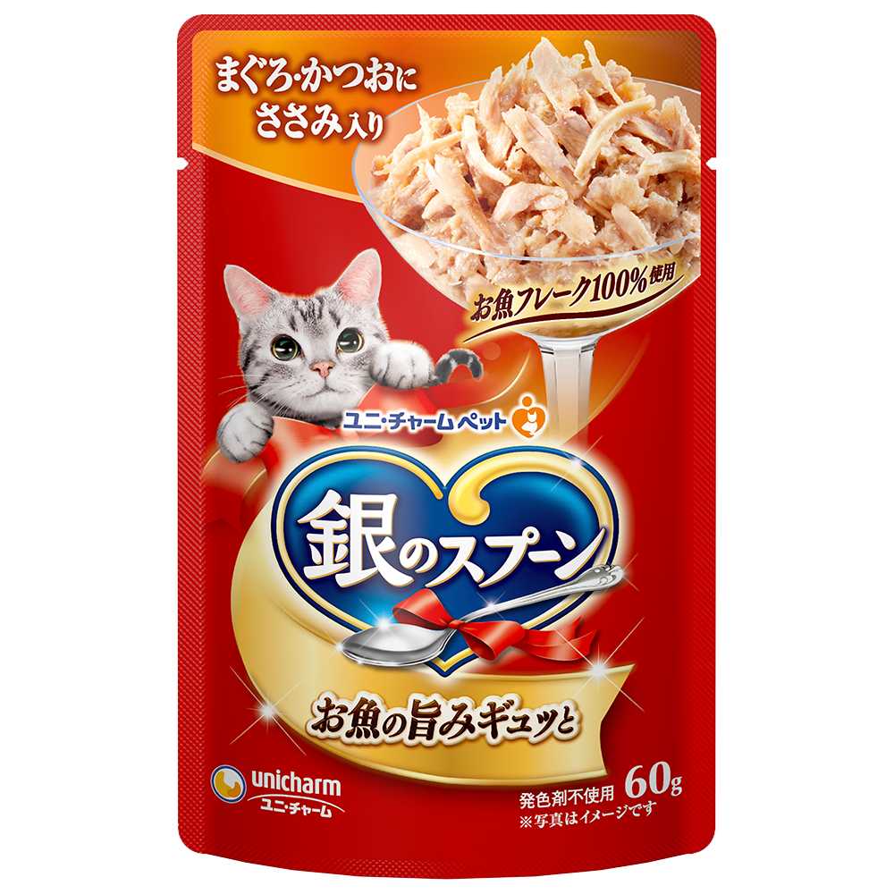 【名称】猫用一般食 【原材料名】魚介類(かつお、まぐろ、フィッシュエキス)、ささみ、調味料、増粘多糖類 【保証成分】タンパク質9.0%以上脂質0.2%以上繊維0.5%以下灰分3.0%以下水分89.0%以下 【代謝エネルギー】約25kcal 【内容量】60g 【保存方法】直射日光を避け、風通しのよい場所に保管してください。開封後は早めに与えてください。 【原産国】タイ 【販売者】ユニ・チャーム株式会社 ・たっぷりの身とうまみで抜群のおいしさを実現・ねこげ大好きなやわらかゼリータイプ・味の種類は人気の高い4フレーバー ※商品の改訂等により、パッケージデザイン・内容等は予告なく変更される場合がございます。 ※商品は自社店舗販売と在庫を共有しているため、在庫更新のタイミングにより、在庫切れの場合やむをえずキャンセルさせていただく可能性があります。【名称】猫用一般食 【原材料名】魚介類(かつお、まぐろ、フィッシュエキス)、ささみ、調味料、増粘多糖類 【保証成分】タンパク質9.0%以上脂質0.2%以上繊維0.5%以下灰分3.0%以下水分89.0%以下 【代謝エネルギー】約25kcal 【内容量】60g 【保存方法】直射日光を避け、風通しのよい場所に保管してください。開封後は早めに与えてください。 【原産国】タイ 【販売者】ユニ・チャーム株式会社 ・たっぷりの身とうまみで抜群のおいしさを実現・ねこげ大好きなやわらかゼリータイプ・味の種類は人気の高い4フレーバー ※商品の改訂等により、パッケージデザイン・内容等は予告なく変更される場合がございます。 ※商品は自社店舗販売と在庫を共有しているため、在庫更新のタイミングにより、在庫切れの場合やむをえずキャンセルさせていただく可能性があります。