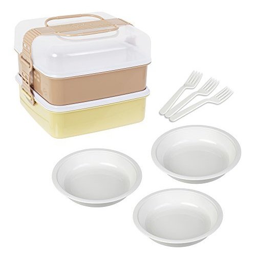 サンコープラスチック 弁当箱 リオパック L型 2段 取り皿3枚・フォーク3本付き アースベージュ