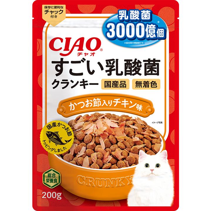 商品説明 乳酸菌3,000億個配合で、猫ちゃんの健康を維持し、お腹の調子を保ちます。 品質表示 原材料 穀類（とうもろこし、小麦粉、パン粉等）、魚介類（フィッシュミール、フィッシュエキス、かつお節、フィッシュパウダー）、チキンエキスパウダー、ミートミール、動物性油脂、豆類（脱脂大豆等）、ビール酵母、タンパク加水分解物、酵母細胞壁、殺菌乳酸菌、植物発酵抽出物、ミネラル類（カルシウム、リン、カリウム、鉄、亜鉛、銅、ヨウ素）、ビタミン類（A、D、E、K、B?、B?、B?、葉酸、コリン）、アミノ酸類（メチオニン、タウリン）、pH調整剤 形状 ドライフード 保証成分値 たんぱく質30.0％以上、脂質12.0％以上、粗繊維3.0％以下、灰分9.0％以下、水分10.0％以下 エネルギー：約350kcal／100g、マグネシウム0.13%（標準値） 内容量 200g ※商品の改訂等により、パッケージデザイン・内容等は予告なく変更される場合がございます。 ※商品は自社店舗販売と在庫を共有しているため、在庫更新のタイミングにより、在庫切れの場合やむをえずキャンセルさせていただく可能性があります。商品説明 乳酸菌3,000億個配合で、猫ちゃんの健康を維持し、お腹の調子を保ちます。 品質表示 原材料 穀類（とうもろこし、小麦粉、パン粉等）、魚介類（フィッシュミール、フィッシュエキス、かつお節、フィッシュパウダー）、チキンエキスパウダー、ミートミール、動物性油脂、豆類（脱脂大豆等）、ビール酵母、タンパク加水分解物、酵母細胞壁、殺菌乳酸菌、植物発酵抽出物、ミネラル類（カルシウム、リン、カリウム、鉄、亜鉛、銅、ヨウ素）、ビタミン類（A、D、E、K、B?、B?、B?、葉酸、コリン）、アミノ酸類（メチオニン、タウリン）、pH調整剤 形状 ドライフード 保証成分値 たんぱく質30.0％以上、脂質12.0％以上、粗繊維3.0％以下、灰分9.0％以下、水分10.0％以下 エネルギー：約350kcal／100g、マグネシウム0.13%（標準値） 内容量 200g ※商品の改訂等により、パッケージデザイン・内容等は予告なく変更される場合がございます。 ※商品は自社店舗販売と在庫を共有しているため、在庫更新のタイミングにより、在庫切れの場合やむをえずキャンセルさせていただく可能性があります。