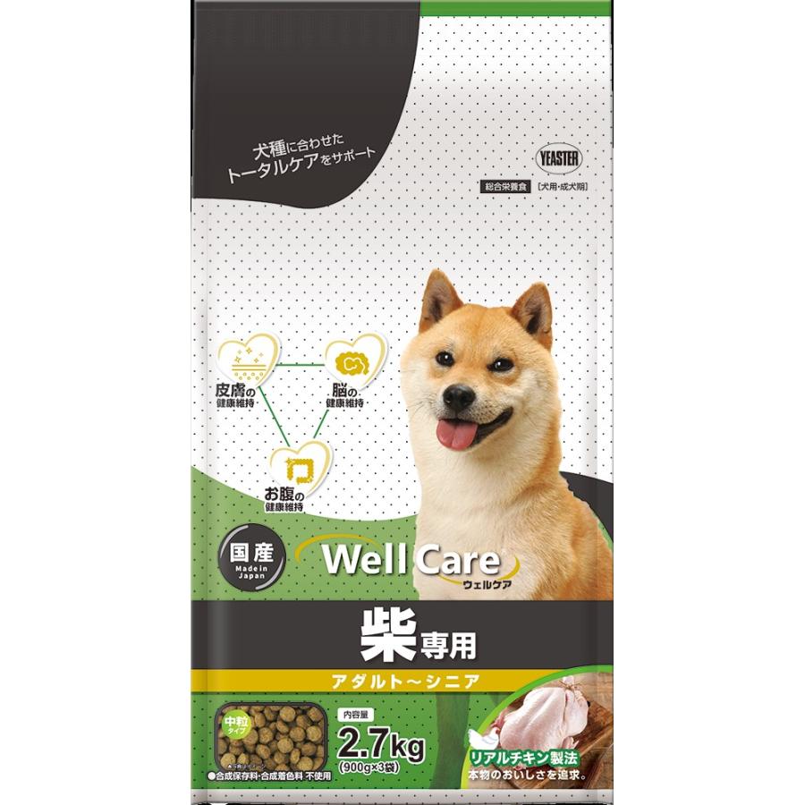 柴専用 アダルト〜シニアは、日本人に馴染みのある柴犬に合わせて設計された専用フードです。皮膚・被毛、脳、お腹の健康維持に配慮した栄養バランスになっています。 ■皮膚の健康維持 コラーゲン、月見草オイル、ビタミン類を配合。 ■お腹の健康維持 食物繊維源(ビートパルプ、セルロース)を配合。食物繊維により善玉菌が増えやすくなり、健康な便の維持に配慮。 ■毎日の健康維持に配慮 抗酸化成分であるビタミンA、E、C、セレンを配合。 ■脳の健康維持 DHA・EPAと中鎖脂肪酸を配合。 ■柴に配慮 魚介類(かつお・まぐろエキス、乾燥じゃこ)を配合。 ●【ブランド】 ： Well Care(ウェルケア) ●【メーカー】 ： イースター ●【原材料】 ：肉類（鶏肉、チキンミール）、小麦粉、米糠、コーングルテンフィード、米粉、コーングルテンミール、牛脂、ビートパルプ、ビール酵母、アルファルファミール、酵母エキス、精製魚油（DHA・EPA源）、乾燥じゃこ、オリゴ糖、セルロース、かつお・まぐろエキス、コラーゲン、パン酵母（セレン源）、月見草オイル（リノール酸、γ−リノレン酸源）、中鎖脂肪酸、殺菌処理乳酸菌、ミネラル類（食塩、炭酸カルシウム、硫酸亜鉛、硫酸銅、ヨウ素酸カルシウム）、ビタミン類（コリン、E、C、パントテン酸、B2、ナイアシン、イノシトール、A、B1、B6、葉酸、K、B12、ビオチン、D3）、香料（ローストガーリックオイル）、アミノ酸類（L−トリプトファン） ●【内容量】 ：2.7kg (900g×3) ●【原産国】 ：日本 *商品の改定等により、パッケージデザイン・内容等は予告なく変更される場合がございます。 *商品は自社店舗販売と在庫を共有している為、在庫更新のタイミングにより、在庫切れの場合やむを得ずキャンセルさせていたただく可能性があります。柴専用 アダルト〜シニアは、日本人に馴染みのある柴犬に合わせて設計された専用フードです。皮膚・被毛、脳、お腹の健康維持に配慮した栄養バランスになっています。 ■皮膚の健康維持 コラーゲン、月見草オイル、ビタミン類を配合。 ■お腹の健康維持 食物繊維源(ビートパルプ、セルロース)を配合。食物繊維により善玉菌が増えやすくなり、健康な便の維持に配慮。 ■毎日の健康維持に配慮 抗酸化成分であるビタミンA、E、C、セレンを配合。 ■脳の健康維持 DHA・EPAと中鎖脂肪酸を配合。 ■柴に配慮 魚介類(かつお・まぐろエキス、乾燥じゃこ)を配合。 ●【ブランド】 ： Well Care(ウェルケア) ●【メーカー】 ： イースター ●【原材料】 ：肉類（鶏肉、チキンミール）、小麦粉、米糠、コーングルテンフィード、米粉、コーングルテンミール、牛脂、ビートパルプ、ビール酵母、アルファルファミール、酵母エキス、精製魚油（DHA・EPA源）、乾燥じゃこ、オリゴ糖、セルロース、かつお・まぐろエキス、コラーゲン、パン酵母（セレン源）、月見草オイル（リノール酸、γ−リノレン酸源）、中鎖脂肪酸、殺菌処理乳酸菌、ミネラル類（食塩、炭酸カルシウム、硫酸亜鉛、硫酸銅、ヨウ素酸カルシウム）、ビタミン類（コリン、E、C、パントテン酸、B2、ナイアシン、イノシトール、A、B1、B6、葉酸、K、B12、ビオチン、D3）、香料（ローストガーリックオイル）、アミノ酸類（L−トリプトファン） ●【内容量】 ：2.7kg (900g×3) ●【原産国】 ：日本 *商品の改定等により、パッケージデザイン・内容等は予告なく変更される場合がございます。 *商品は自社店舗販売と在庫を共有している為、在庫更新のタイミングにより、在庫切れの場合やむを得ずキャンセルさせていたただく可能性があります。