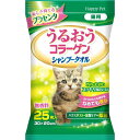 【名称】猫用品　【原材料名】精製水、1，3-ブチレングリコール、ヒアルロン酸Na、防腐剤、界面活性剤、滑沢剤、塩化セチルピリジニウム、海洋性加水分解コラーゲン由来成分、香料、ユーカリエキス　【内容量】25枚　【保存方法】開封後は乾燥を防ぐため、必ずシールをしっかり閉めること。幼小児の手の届かない場所に保管すること。直射日光を避け、なるべく涼しい場所に保管してください。　【原産国】日本　【サイズ】W160mm、H250mm、D30mm　【製品重量】250g　【材質】レーヨン系不織布　【原産国】日本　【販売者】アース・バイオケミカル株式会社※商品は自社販売と在庫を共有しているため、在庫更新のタイミングにより、在庫切れの場合やむをえずキャンセルさせていただく可能性があります。コラーゲン・ヒアルロン酸の保湿効果で皮ふ・被毛にうるおいを与える。プラセンタエキスでさらに美しく！舐めても安心な洗浄成分を使用。拭くことでハウスダスト、花粉対策。弱酸性、低刺激処方。30×20cmサイズ。使いやすい厚めのやわらかメッシュ。無香料。3カ月未満の仔犬・仔猫は体温調節がまだ十分にできませんので、暖かい部屋で使用するなどして、身体を冷やさない様ご注意ください。安全性の高い成分を使用していますが、目・鼻・口などの粘膜部位に入らないように注意し、犬・猫の皮ふに傷、皮ふ炎（かぶれ・ただれ）などがある場合は、悪化させる恐れがあるので、使用しないでください。