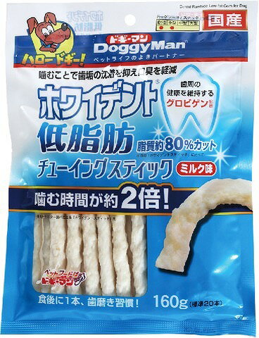 コラーゲン豊富な牛皮が原料で食いつきもよい。歯周の健康を維持する卵黄粉末（グロビゲン）配合。低脂肪に仕上げてあり、食後の1本にもぴったり。しっかり噛むことで歯垢の沈着を抑え口臭を軽減します。 【名称】　超小型・小型犬用間食 【原材料・材質名】牛皮、卵黄粉末、加工でん粉、ソルビトール、メチルセルロース、セルロース、 カラギナン、ビタミンE、ソルビン酸、香料、酸化チタン、トレハロース 【内容量】　160g 【原産国】　日本 【販売者】　ドギーマンハヤシ株式会社 ※2個以上御注文の際:店舗在庫からの商品発送の為、場合によっては複数店舗からのピッキングとなります。賞味期限が異なる場合がございます。パッケージは変更になる事がございます。※商品は自社販売と在庫を共有しているため、在庫更新のタイミングにより、在庫切れの場合やむをえずキャンセルさせていただく可能性があります。コラーゲン豊富な牛皮が原料で食いつきもよい。歯周の健康を維持する卵黄粉末（グロビゲン）配合。低脂肪に仕上げてあり、食後の1本にもぴったり。しっかり噛むことで歯垢の沈着を抑え口臭を軽減します。 【名称】　超小型・小型犬用間食 【原材料・材質名】牛皮、卵黄粉末、加工でん粉、ソルビトール、メチルセルロース、セルロース、 カラギナン、ビタミンE、ソルビン酸、香料、酸化チタン、トレハロース 【内容量】　160g 【原産国】　日本 【販売者】　ドギーマンハヤシ株式会社 ※2個以上御注文の際:店舗在庫からの商品発送の為、場合によっては複数店舗からのピッキングとなります。賞味期限が異なる場合がございます。パッケージは変更になる事がございます。