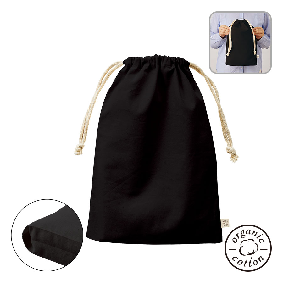 【完全閉店セール】オーガニックコットンガゼット巾着 Lサイズ ブラック 黒 巾着袋 小物入れ 無地 シンプル マチ付 5L tr-1170-009 マークレスス...
