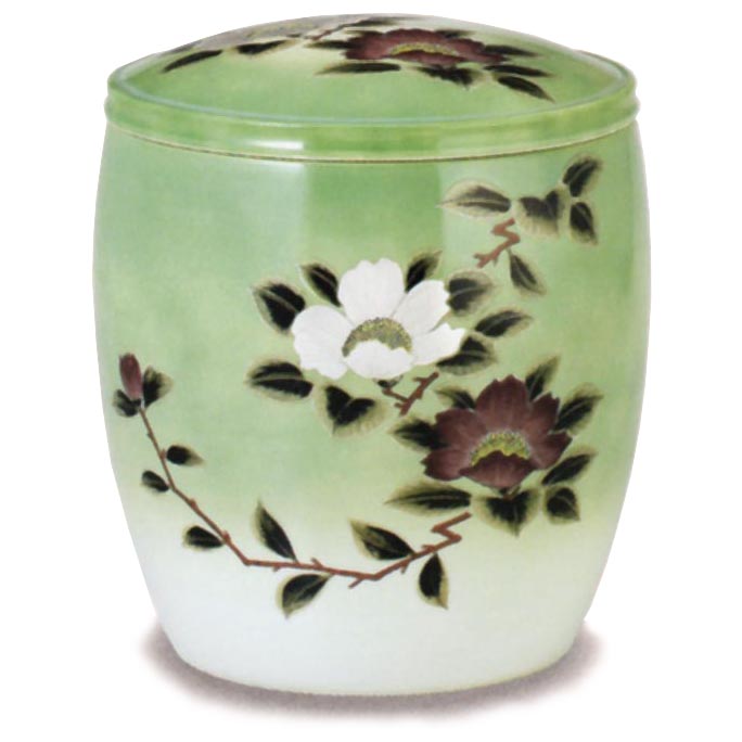 手造り高級骨壷　九谷焼　香祥窯　銀山茶花　グリーン　7寸