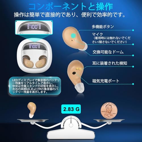 TooPower 集音器 しゅうおんき 高齢者 左右両耳 小型 イヤホン型 簡単タッチボタン LEDパワーデジタルディスプレイ Type-C充電式 軽量 3つのモード、5段階の音量調節音声放送 DSPノイズ低減 テク