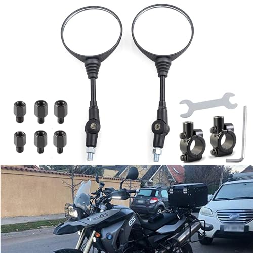 SEMIMO バイク用丸型バックミラー 汎用 10mm正ネジ 左右セット 可倒式 折りたたみ式 オフロード対応 ハンドルバーマウント付き