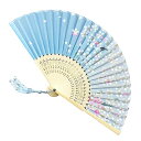 ZHIZHUO 扇子 夏 和風扇子 レディース 竹製工芸品扇子 猛暑対策 お祭り 人気 道具扇子 布 花火 和装 インテリア 着物 浴衣 花柄 小物 飾り (青...