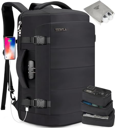 [Tzowla] 40L 旅行用ラップトップバックパック メンズ レディース 機内持ち込み可、大容量 防水 盗難防止 USBポート付き ビジネス カジュアル デイパック 旅行バッグ 17.3インチPC/ノート用 - ブ