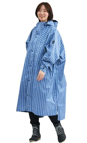 [アメトハレ] レインポンチョ リュック対応 自転車用 レインコート AH-100 ハイポンチョDX レディース メンズ (デニムストライプ, M)