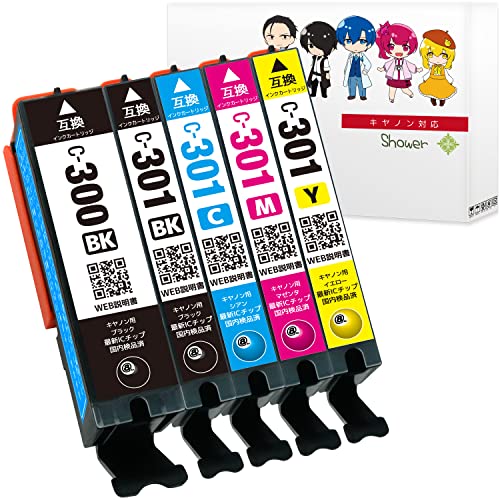 Shower インクカートリッジ キヤノン用 BCI-301 (BK/C/M/Y)+ BCI-300 5色セット 互換インク QR/WEB説明あり 【Green Shower製】は国内梱包検品を実施【安心一年パック】 BCI-301+300/5MP BCI-300BK BCI-301BK BCI-301C BCI