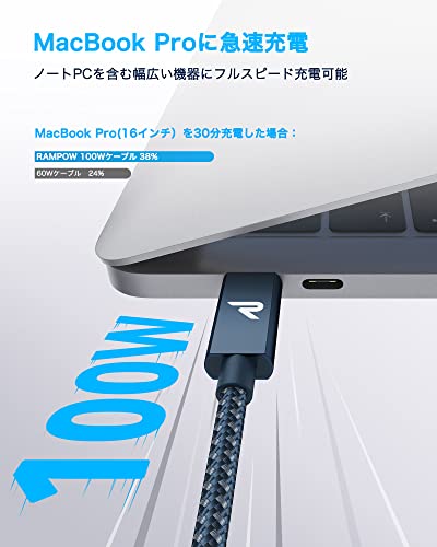 RAMPOW USB C ケーブル【100W PD対応/USB 3.2 Gen 2x2-20Gbpsデータ転送】PD3.0/QC3.0超高速充電 4K/60Hz 映像出力対応 超高耐久 iPhone 16/16e/iPhone 15 充電 MacBook Pro/iPad Pro/Google Pixel/Galaxy等タイプC対応 在宅勤務/