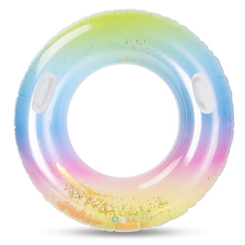 浮き輪 大人用 取っ手付きOziral 大きいうきわ ラメ入り キラキラ フロート シンプル 丈夫 安全 透明 厚手 可愛い ビーチ 海水浴 海遊び 夏休み 旅行 アウトドア 水上レジャー 虹タイプ 100cm