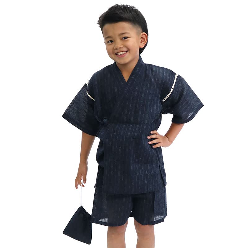[KOMESICHI COLLECTION] [米七] コメシチ 甚平 しじら織り 麻混 巾着付き 男の子 キッズ 子供服 [紺/120サイズ]