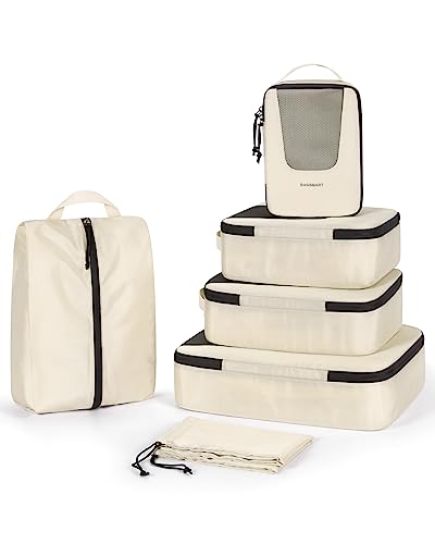 BAGSMART トラベルポーチ 6点セット アレンジケース 旅行用ポーチ 旅行圧縮バッグ 出張 整理 便利グッズ 衣類 靴用 下着収納 下着/洗面用具/シューズ ベージュ