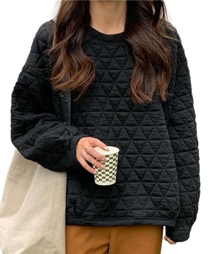 [1/2style] ニブンノイチスタイル トレーナー キルティング キルト 柄 無地 暖かい 防寒 春秋冬 シンプル プルオーバー レディース (黒,XXL)