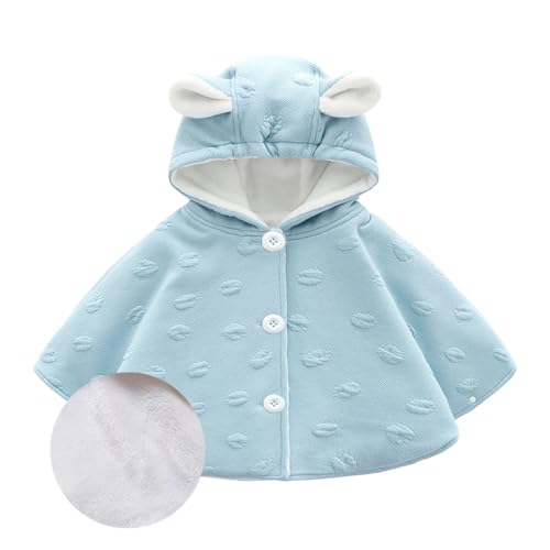 [SLINX] ベビー キッズ ポンチョ くま 耳 花柄 防寒 防風 保温 前開き フード付き 子供服 女の子 男の子 ボア コツトン マント ケープ UVカット アウター 出産祝い プレゼント DP05 (110, ブルーボ