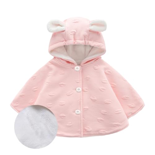 [SLINX] ベビー キッズ ポンチョ くま 耳 花柄 防寒 防風 保温 前開き フード付き 子供服 女の子 男の子 ボア コツトン マント ケープ UVカット アウター 出産祝い プレゼント DP05 (110, ピンクボ
