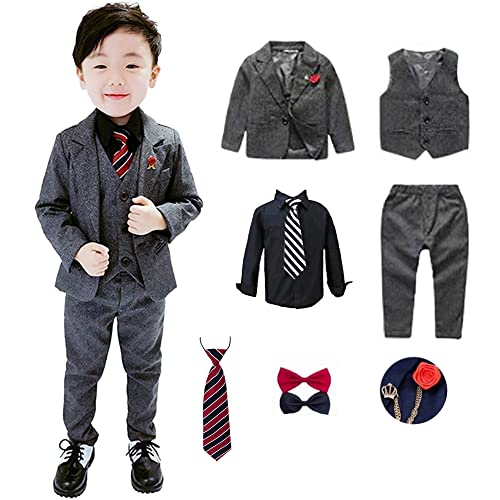 [海の堂e-shop] 子供スーツ 男の子フォーマルスーツ7点セットジャケット+ズボン+ベスト+シャツ+ブローチ+ネクタイ+蝶ネクタイ ボーイズ 子どもスーツ ベビー服 タキシードスーツ 七五三 入園