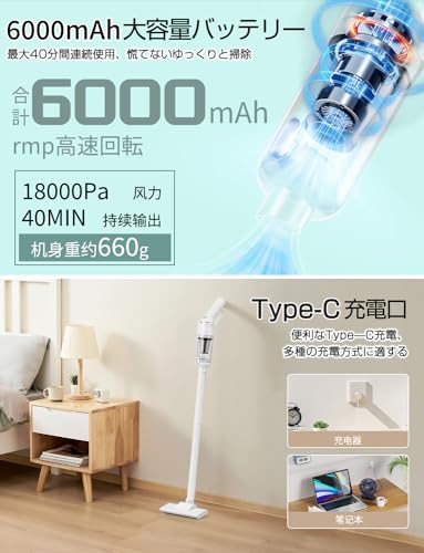 【　 出品・2024進級版】掃除機 コードレス スティック掃除機 18000pa強力吸引 5種類ノズル HEPAフィルター Type-C充電式 40分間連続稼働 ハンディークリーナー スティッククリーナー 電気掃除機