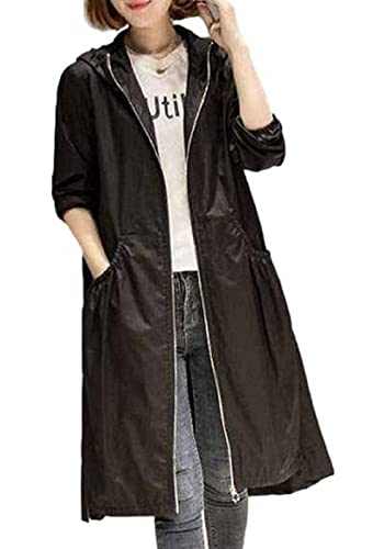 [1/2style] 【今の自分に半部だけプラス】ニブンノイチスタイル コートフード 付き ジップ アップ コーティング レイン 春 薄手 秋 ウェア 上着 ロング お出掛け レディース (XXL, 黒)