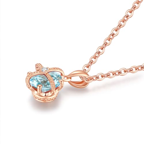 [FANCIME] ダイヤモンド ネックレス レディース K18 ピンクゴールド アクアマリン 王冠 ペンダント 3月 誕生石 ラボグロウンダイヤモン クラウン シルバーチェーン付き ブランド クリスマス 誕