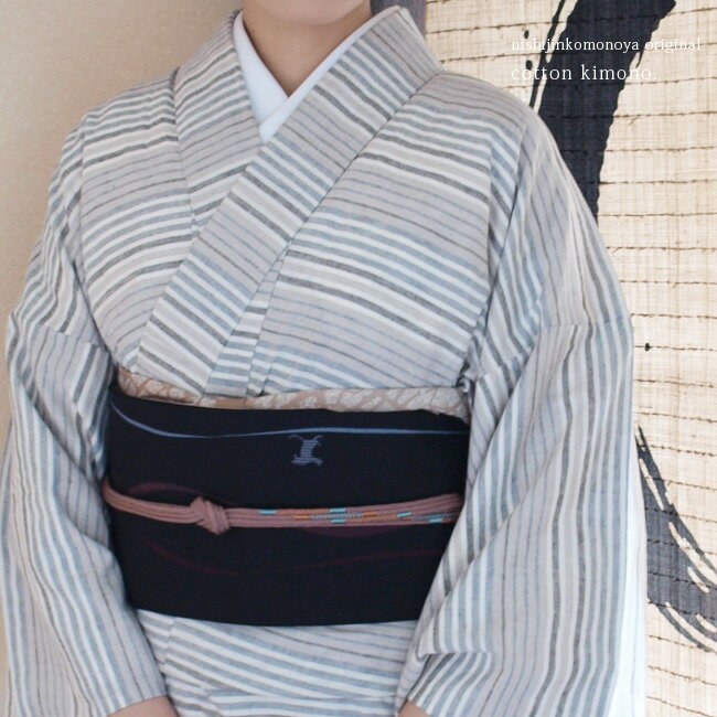【送料込】洗える綿麻着物【 単衣仕立風-バチ衿 】コットン*リネンきもの【S・フリー(L寸)サイズ】生成り・薄茶・グレー-綿麻ボーダー柄・02-横段/縞春夏秋にのサムネイル
