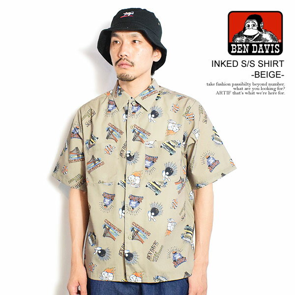 ベンデイビス BEN DAVIS INKED S/S SHIRT -BEIGE- t-25580040bg メンズ シャツ 半袖 総柄シャツ 送料無..