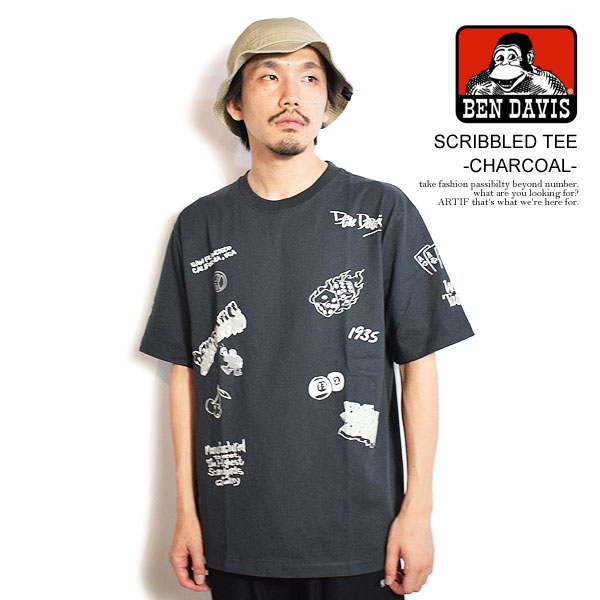 ベンデイビス BEN DAVIS SCRIBBLED TEE -CHARCOAL- c-24580023c メンズ Tシャツ 半袖 ランダムプリント オーバーサイズ 送料無料 ストリート