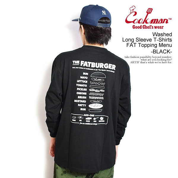 クックマン COOKMAN Washed Long Sleeve T-Shirts FAT Topping Menu -BLACK- 151-43158b メンズ Tシャツ 長袖 ロンT FAT BURGER コラボ 送料無料 ストリート