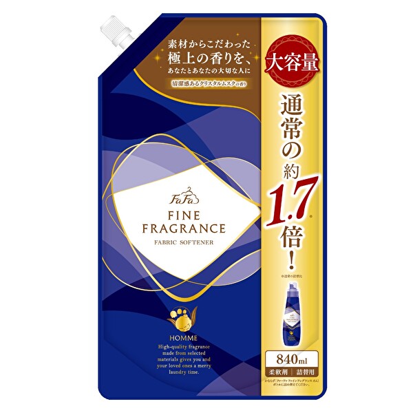 香水調 柔軟剤【大容量】【詰め替え】ファーファ　ファインフレグランス　オム　840ml静電気　吸水　汗　花粉　抗菌　防臭【税抜3,980円以上送料無料】【RCP】