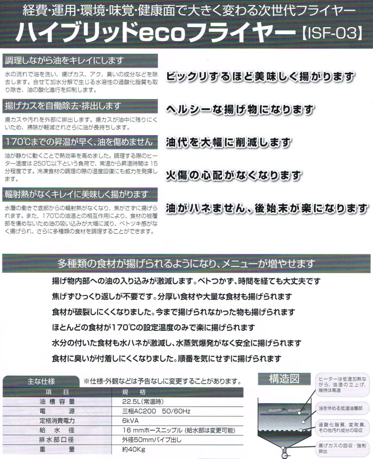 【厨房機器】　きくらげ　てんぷら　【調理器】　【天麩羅調理機　　【ハイブリドエコフライヤー】HYBRIDECOPLYER　水と油の共存した新型天麩羅調理機　　税別 　5万円の設置工事費込みの概算価格　設置工事費用は現場検分後積算します。