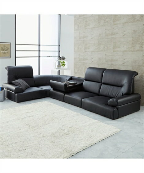 カウチソファー 4人掛け ロー ソファ セット コーナー テーブル 付き 合皮 ブラック/アイボリー 幅215cm 4点セット おしゃれ ニッセン nissen