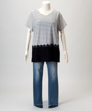 大きいサイズ レディース 前身頃裾レース切替チュニック 薄手素材 Tシャツ カットソー トップ OFF STYLE 4L/5L ニッセン