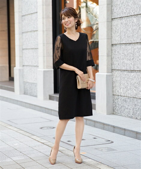 ドレスパーティーレディース袖チュールレース使いVネックワンピースS-LL年中フォーマルネイビー/黒S/M/L/LL結婚式フォーマル二次会披露宴謝恩会同窓会卒業式パーティドレス可愛い大人20代30代40代体形カバーニッセン