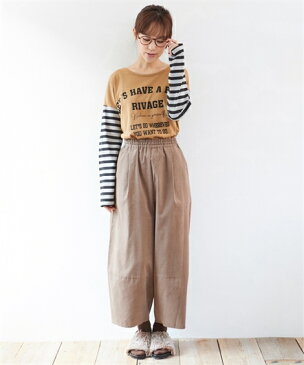 パンツ ワイド ガウチョ 大きいサイズ レディース 綿100% コーデュロイ切替ゆるシルエット グレー/ブラウン系 ウエスト84/88/92cm ニッセン