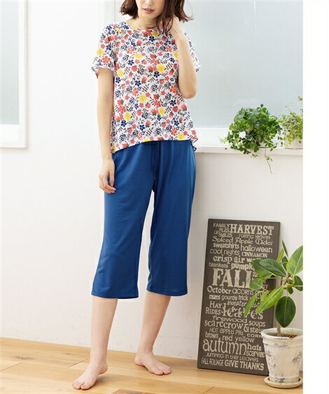 パジャマ 上下セット レディース ルーム 半袖 モールドカップ付 ルームウエア オフホワイト系＋ネイビー/サックス系＋ネイビー LL/3L ニッセン