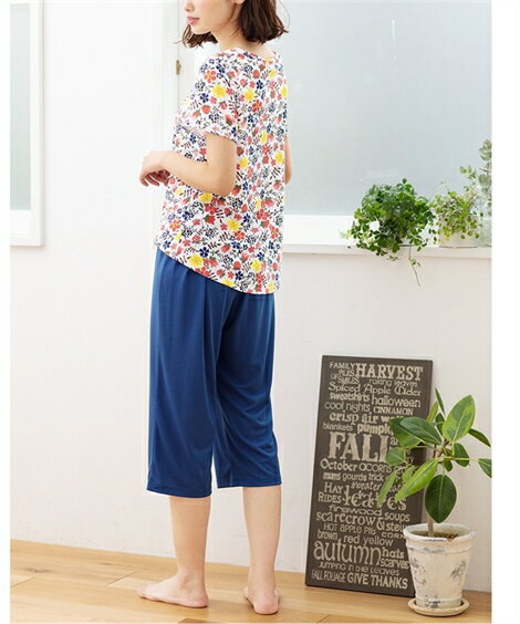 パジャマ 上下セット レディース ルーム 半袖 モールドカップ付 ルームウエア オフホワイト系＋ネイビー/サックス系＋ネイビー LL/3L ニッセン