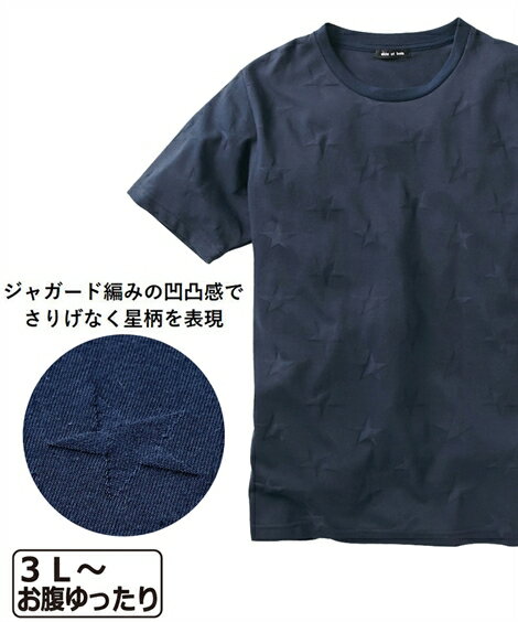 Tシャツ カットソー 大きいサイズ カジュアル メンズ リンクスジャガード星総柄クルーネック トップス 白 3L/4L/5L ニッセン