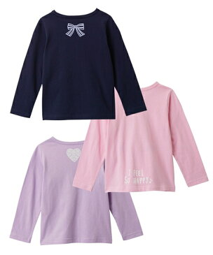 Tシャツ カットソー キッズ 綿100% 前後 プリント 3枚組 女の子 子供服 トップス ピンク+ラベンダー+紺/赤+紺*アイボリー 身長80〜130cm ニッセン nissen