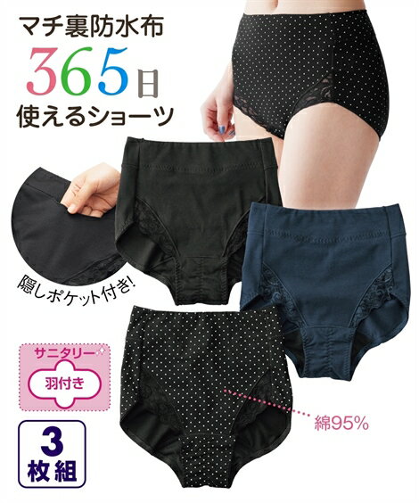 ショーツ サニタリー 生理用 大きいサイズ レディース 抗菌防臭加工 むれにくい 生理日前後も使える ポケット付 深ばき 昼用 羽付ナプキン対応 ドット 黒 ネイビー 4L/5L/6L/8L/10L 女性 インナー パンツ パンティ ニッセン nissenのサムネイル