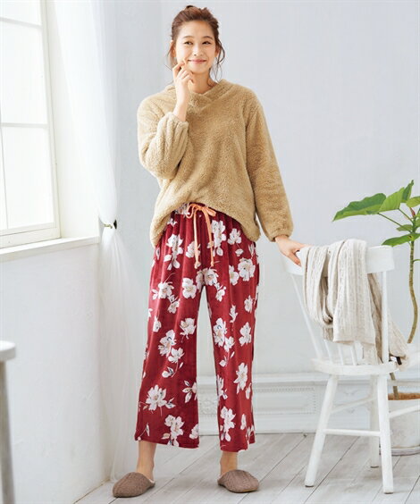 パジャマ 上下セット レディース シープ調ボア トップス ＋花柄ベロアルーム パンツ セットアップ ルームウエア ネイビー＋サックス花柄/ベージュ＋ボルドー花柄 S/M/L ニッセン