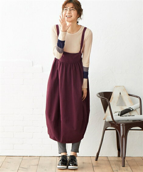 スカート 大きいサイズ レディース 綿100％ 裾バルーン サロペット ワイン/黒 8L/10L ニッセン nissen