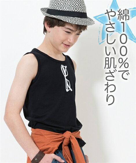 Tシャツ カットソー 綿100％ プリント タンクトップ 子供服 男の子 女の子 ジュニア服 オフホワイト ナンバーロゴ柄 /オフホワイト 国旗柄 /黒 メガネ柄 /黒 ロゴ柄 /黒 星柄 身長140/150/160cm ニッセン nissen