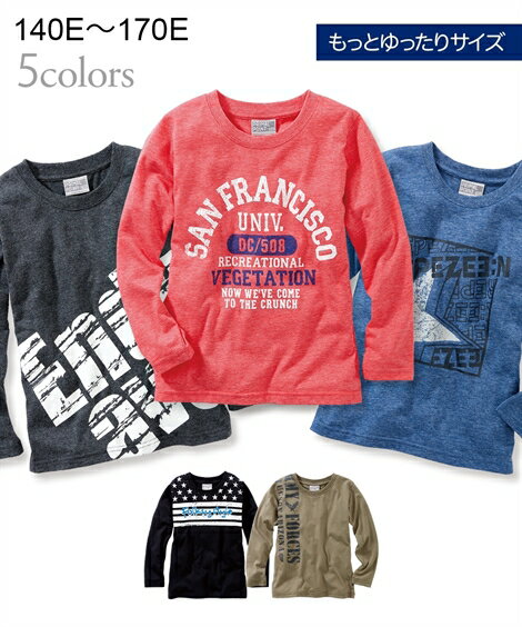 Tシャツ カットソー もっとゆったりサイズ プリント 子供服 男の子 女の子 ジュニア服 カーキ ロゴ柄 /チャコール杢 ビッグロゴ柄 /ネイビー杢 星柄 /黒 星柄 /赤杢 カレッジ柄 身長170cm ニッセン nissen